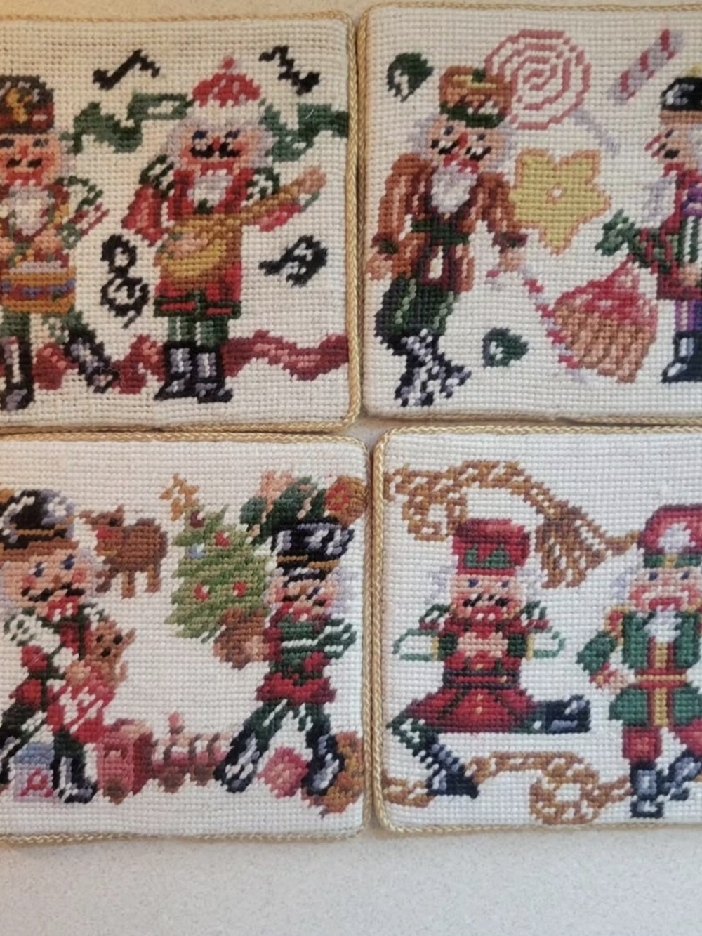Handmade Needlepoint Nutcracker Holiday Coasters - Red & Green